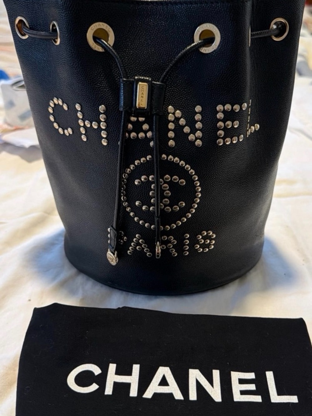 Chanel Deauville Bucket Black Caviar Leather Bag Crossbody Studded small